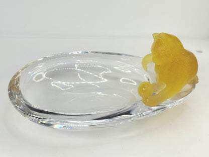 Daum signed hand blown crystal yellow cat at pond trinket ring dish Mint A648