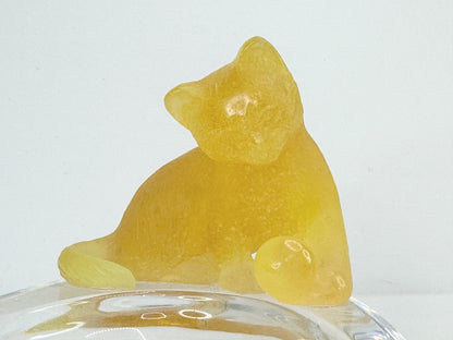 Daum signed hand blown crystal yellow cat at pond trinket ring dish Mint A648