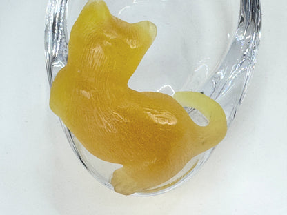 Daum signed hand blown crystal yellow cat at pond trinket ring dish Mint A648