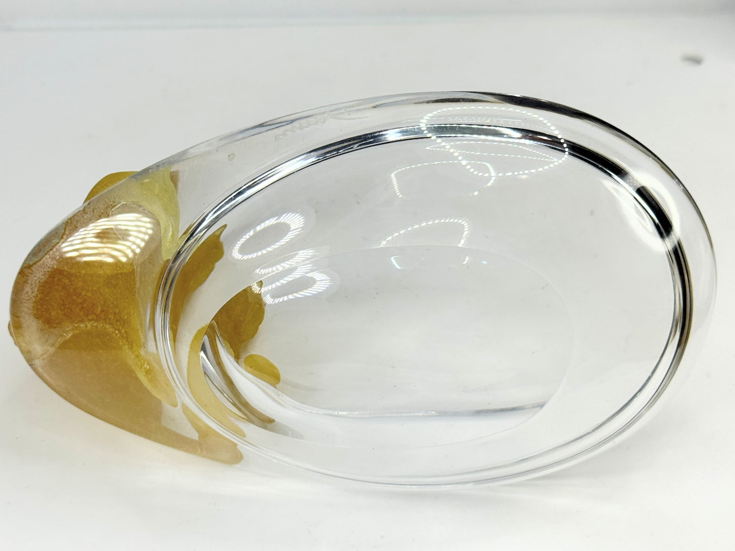 Daum signed hand blown crystal yellow cat at pond trinket ring dish Mint A648