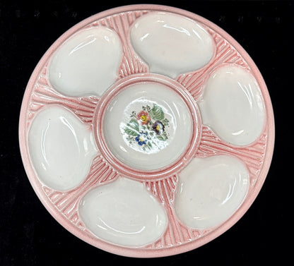 Art Deco Italian Pink Majolica 6-Well Oyster Plate Floral Center A1078