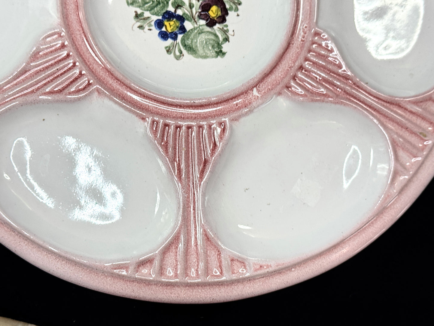 Art Deco Italian Pink Majolica 6-Well Oyster Plate Floral Center A1078
