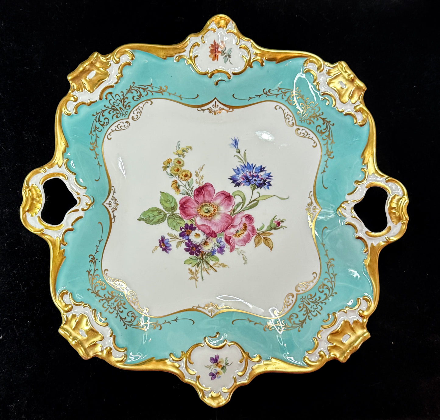 Vintage Alka Kunst Bavaria Pompadour gold gilt Floral Handled Tray A1079