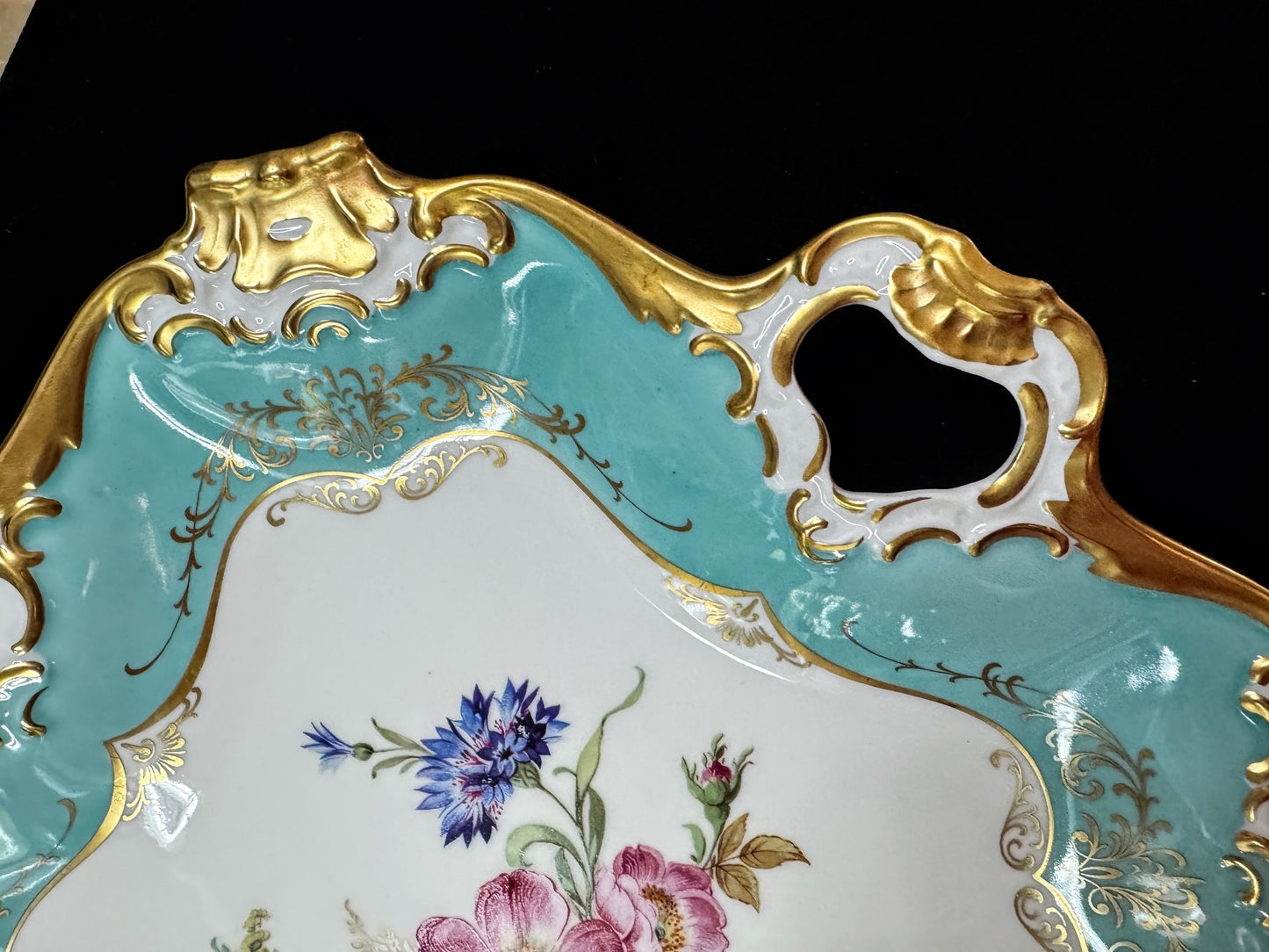 Vintage Alka Kunst Bavaria Pompadour gold gilt Floral Handled Tray A1079