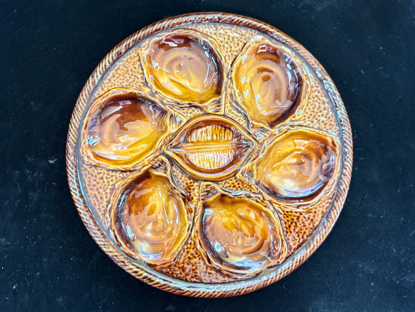 Antique Victorian Brown Glaze Majolica Six Well Shell Oyster Plate 10" A1080