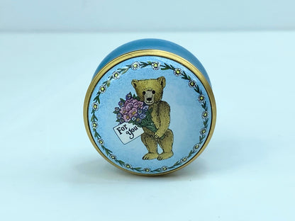 Halcyon Days Round Box - Teddy Bear, Blue, Gold - "For You" A568