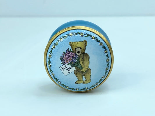 Halcyon Days Round Box - Teddy Bear, Blue, Gold - "For You" A568