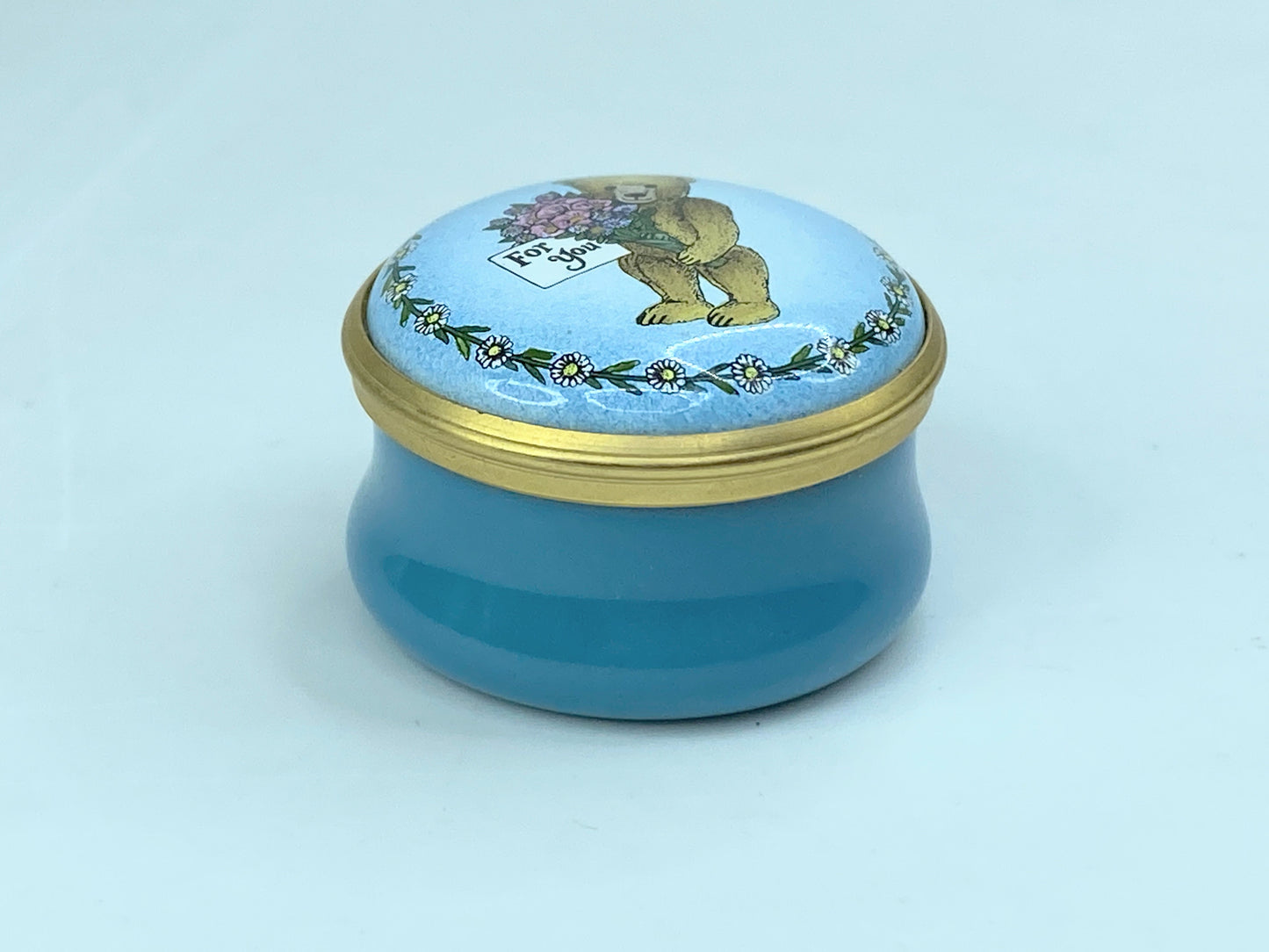 Halcyon Days Round Box - Teddy Bear, Blue, Gold - "For You" A568