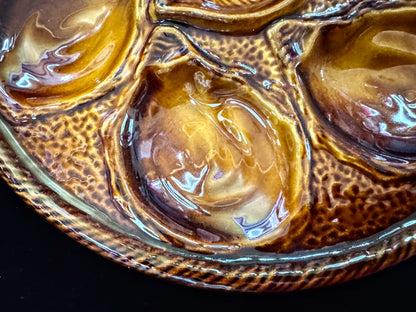 Antique Victorian Brown Glaze Majolica Six Well Shell Oyster Plate 10" A1080