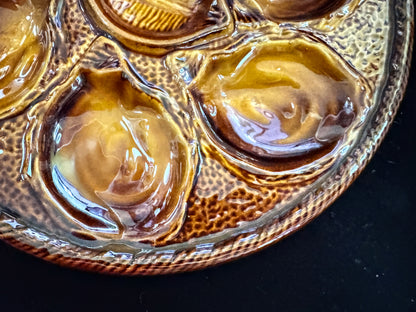 Antique Victorian Brown Glaze Majolica Six Well Shell Oyster Plate 10" A1080