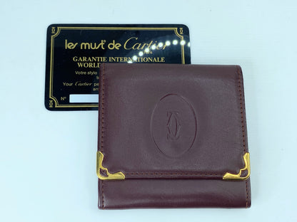 Authentic Cartier Mustline Coin Case Coin Purse Leather Bordeaux GS423