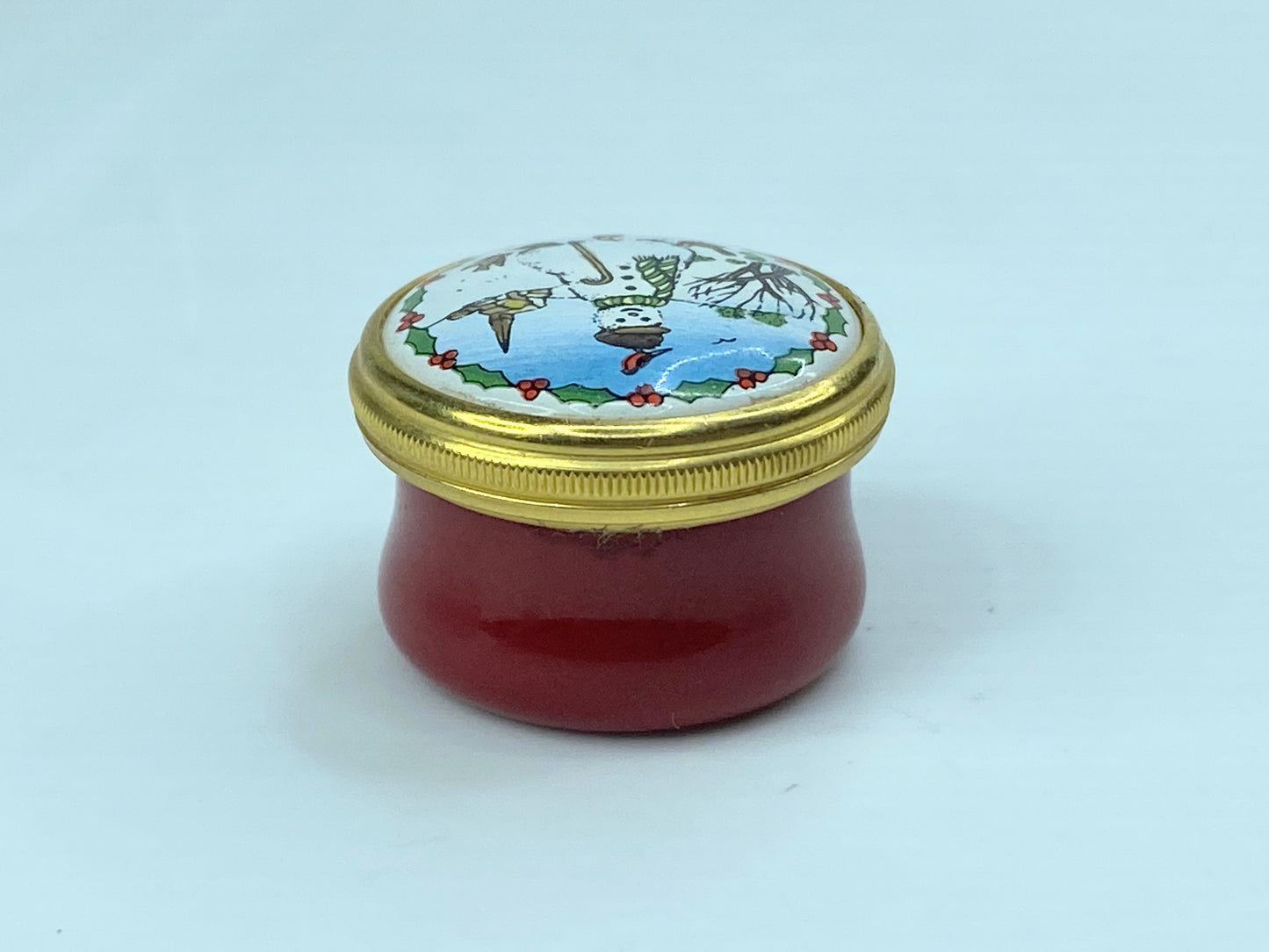 Halcyon Days enamel trinket box with a Christmas snowman A571