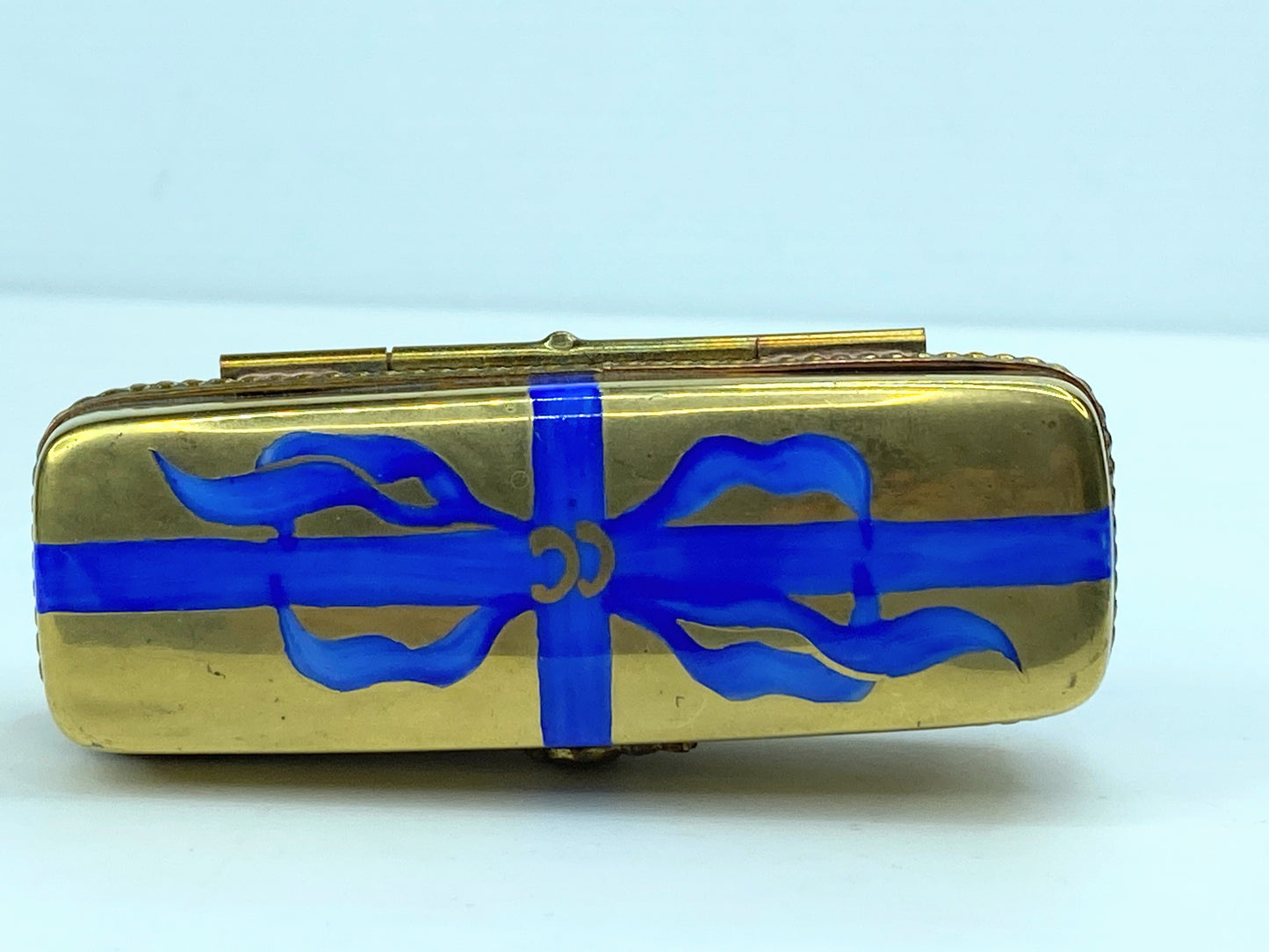 Gold Blue Ribbon Porcelain Flower Box Peint Main Rochard Limoge Trinket Box A572