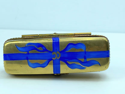 Gold Blue Ribbon Porcelain Flower Box Peint Main Rochard Limoge Trinket Box A572