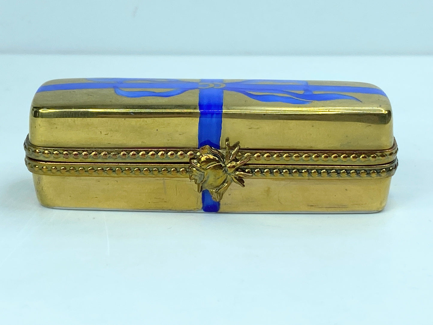 Gold Blue Ribbon Porcelain Flower Box Peint Main Rochard Limoge Trinket Box A572