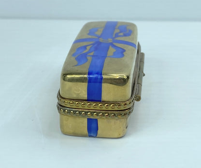 Gold Blue Ribbon Porcelain Flower Box Peint Main Rochard Limoge Trinket Box A572