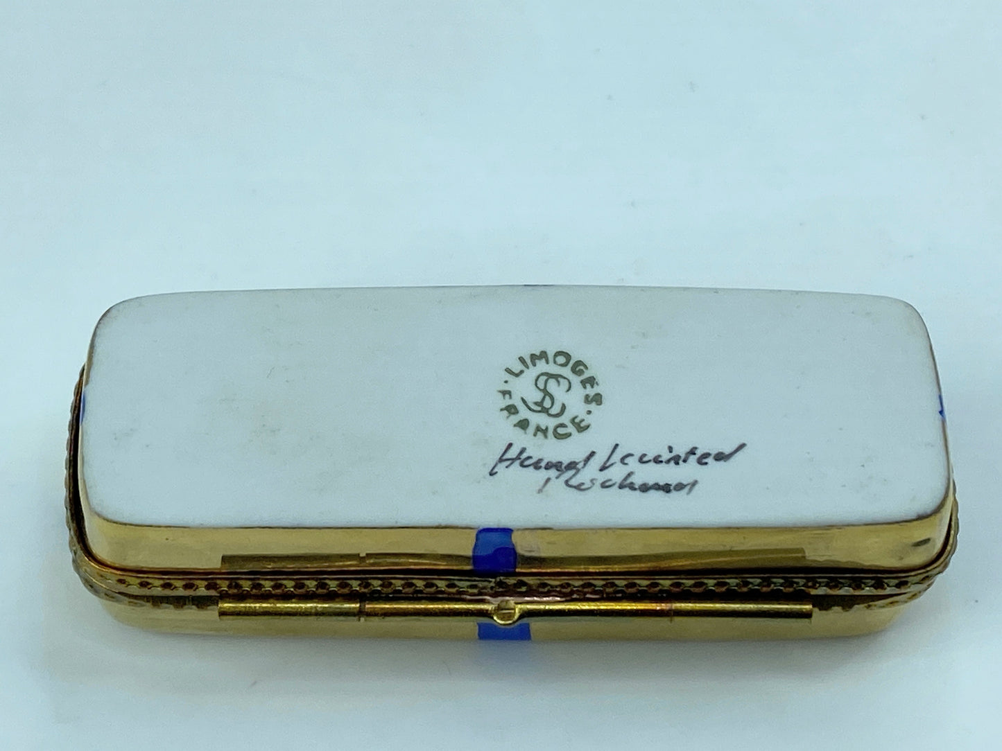 Gold Blue Ribbon Porcelain Flower Box Peint Main Rochard Limoge Trinket Box A572