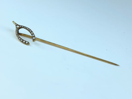 Vintage 14 karat horseshoe Seed Pearl stick pin 2 1/2" 1.6g JR8684