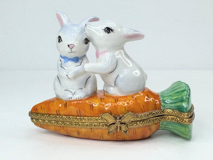 Rochard Limoges Loving Bunny rabbit atop a Carrot Trinket in original box A520