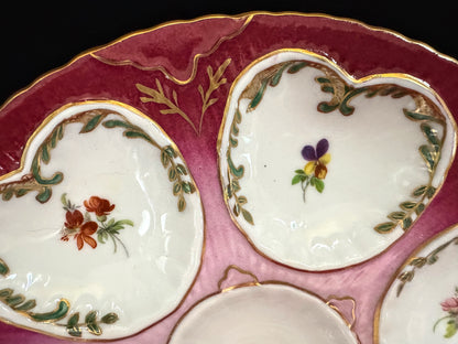 Antique Limoges Pink Floral Gilt Porcelain Six Well Oyster Plate 8.5" A1094