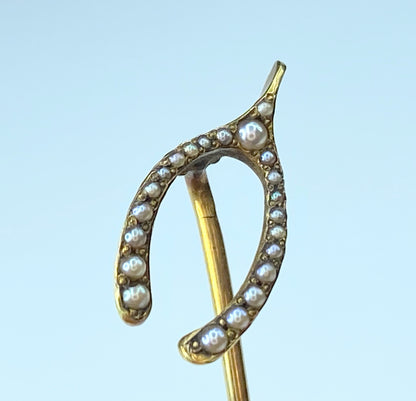 Vintage 14 karat horseshoe Seed Pearl stick pin 2 1/2" 1.6g JR8684