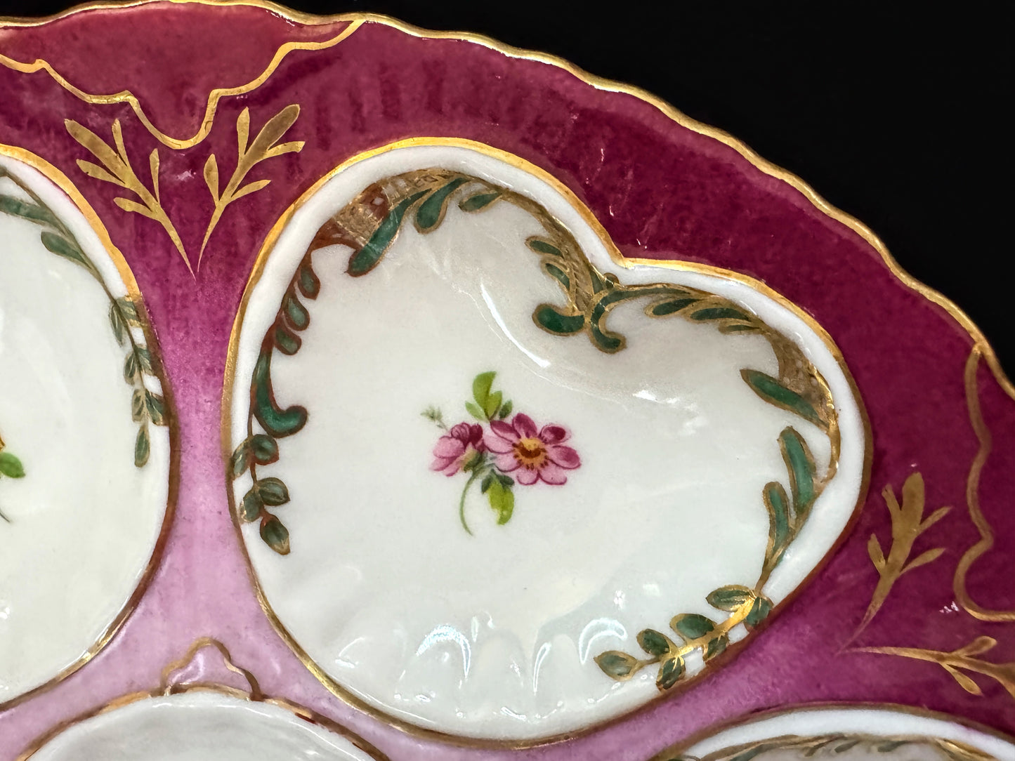 Antique Limoges Pink Floral Gilt Porcelain Six Well Oyster Plate 8.5" A1094