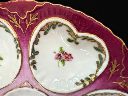 Antique Limoges Pink Floral Gilt Porcelain Six Well Oyster Plate 8.5" A1094
