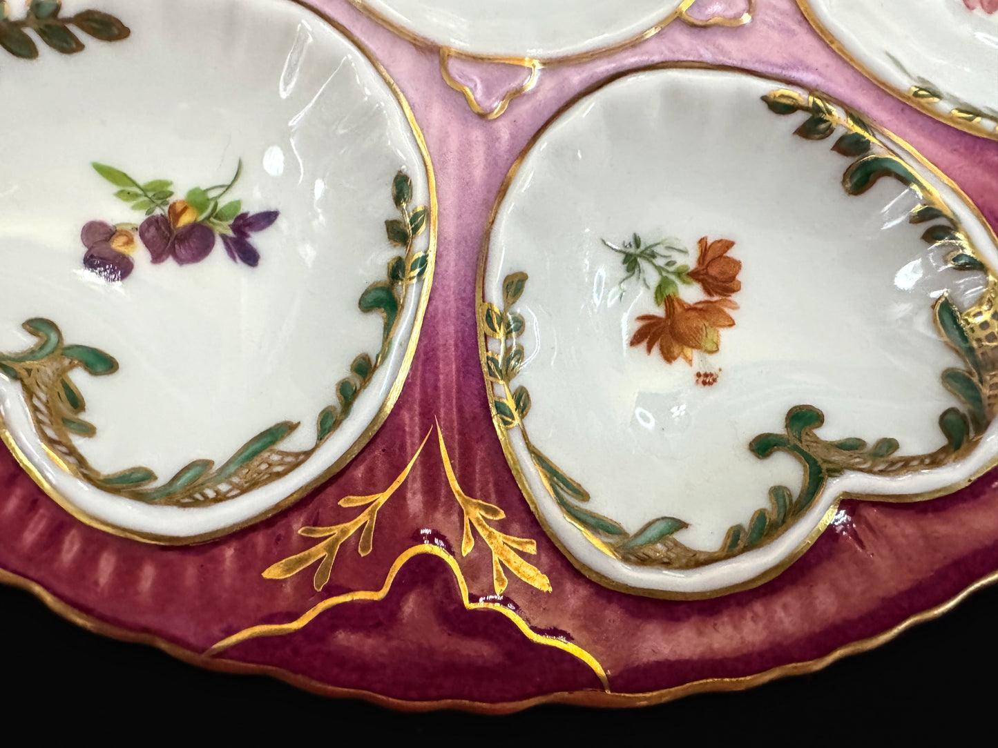 Antique Limoges Pink Floral Gilt Porcelain Six Well Oyster Plate 8.5" A1094