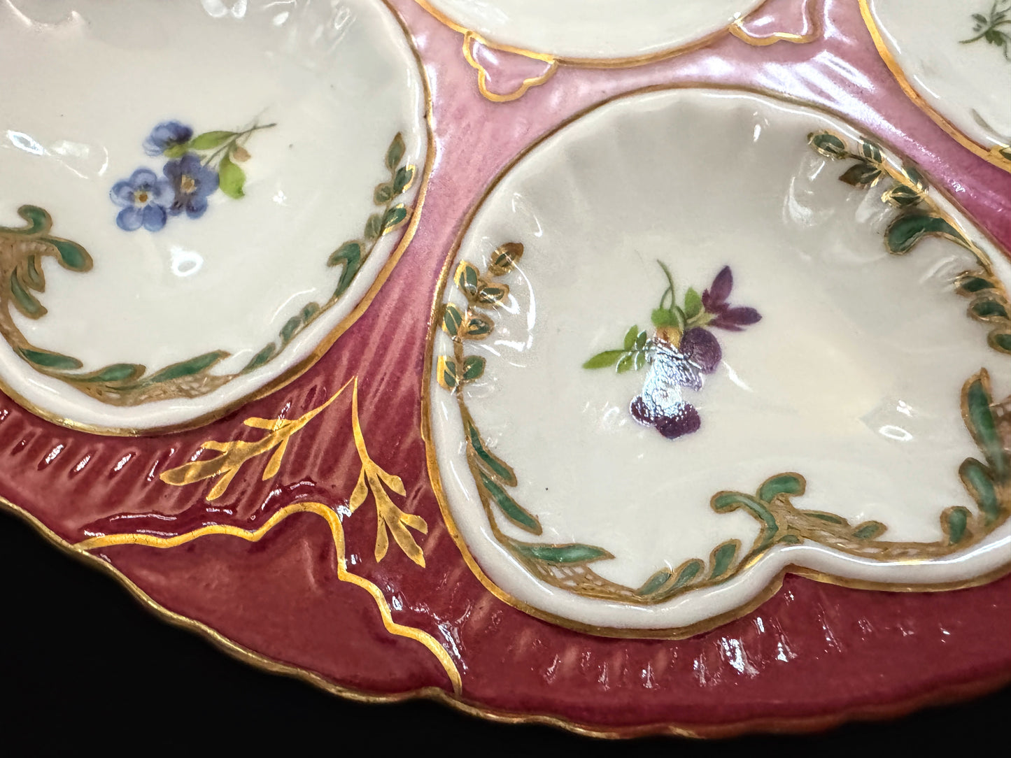 Antique Limoges Pink Floral Gilt Porcelain Six Well Oyster Plate 8.5" A1094