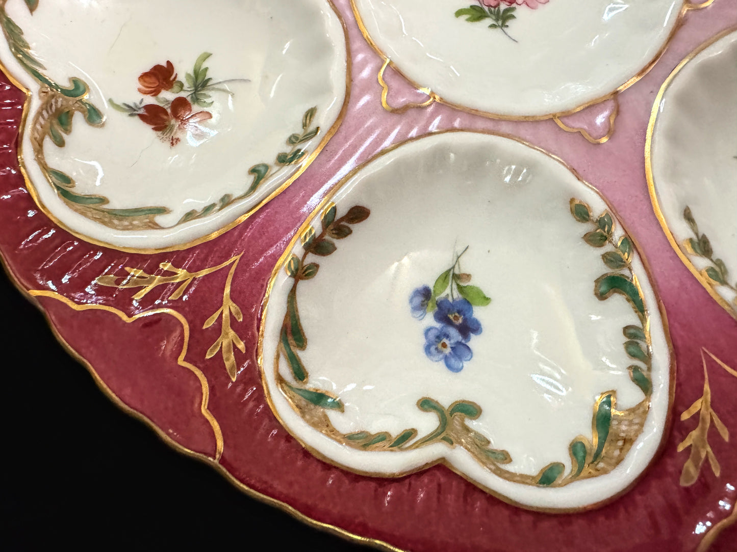 Antique Limoges Pink Floral Gilt Porcelain Six Well Oyster Plate 8.5" A1094