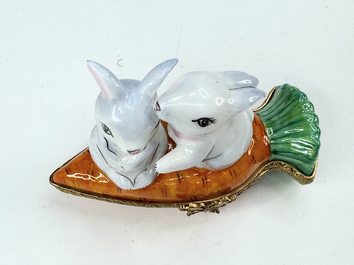 Rochard Limoges Loving Bunny rabbit atop a Carrot Trinket in original box A520