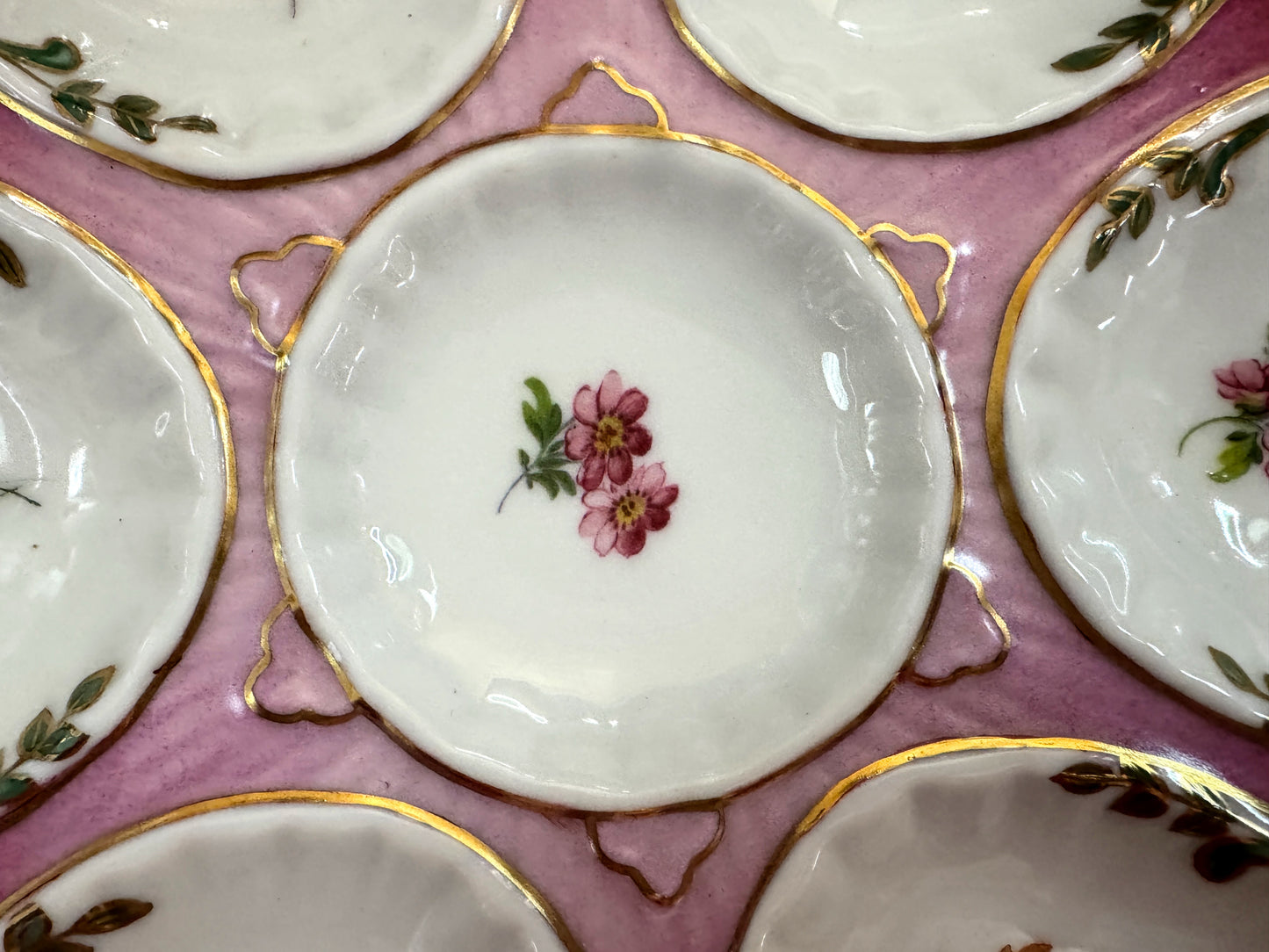 Antique Limoges Pink Floral Gilt Porcelain Six Well Oyster Plate 8.5" A1094