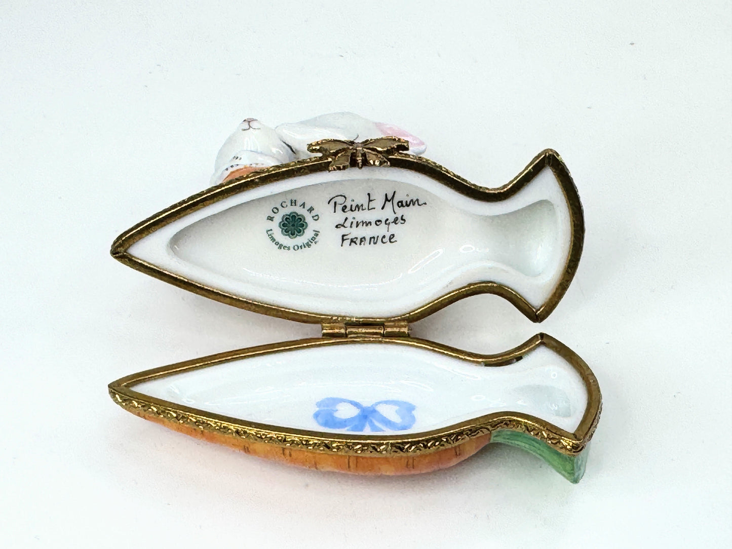 Rochard Limoges Loving Bunny rabbit atop a Carrot Trinket in original box A520