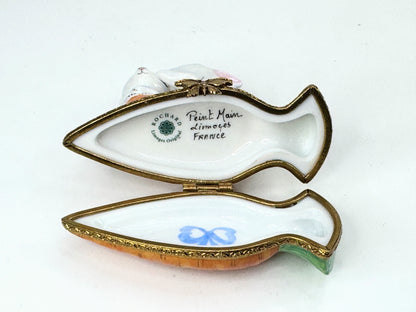 Rochard Limoges Loving Bunny rabbit atop a Carrot Trinket in original box A520
