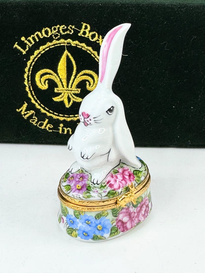 Limoges signed EK hand painted Bunny with one ear up in original box A650