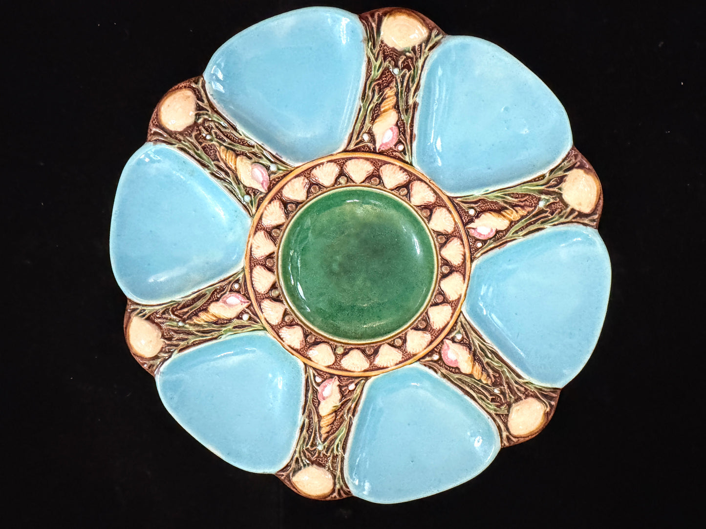 Rare Antique English Majolica Oyster Plate Turquoise Shells Milton 9 1/8" A1086