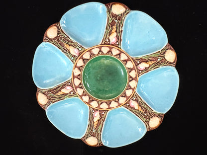 Rare Antique English Majolica Oyster Plate Turquoise Shells Milton 9 1/8" A1086