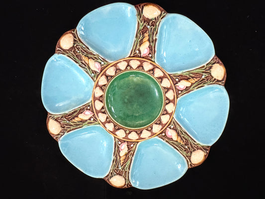 Rare Antique English Majolica Oyster Plate Turquoise Shells Milton 9 1/8" A1086