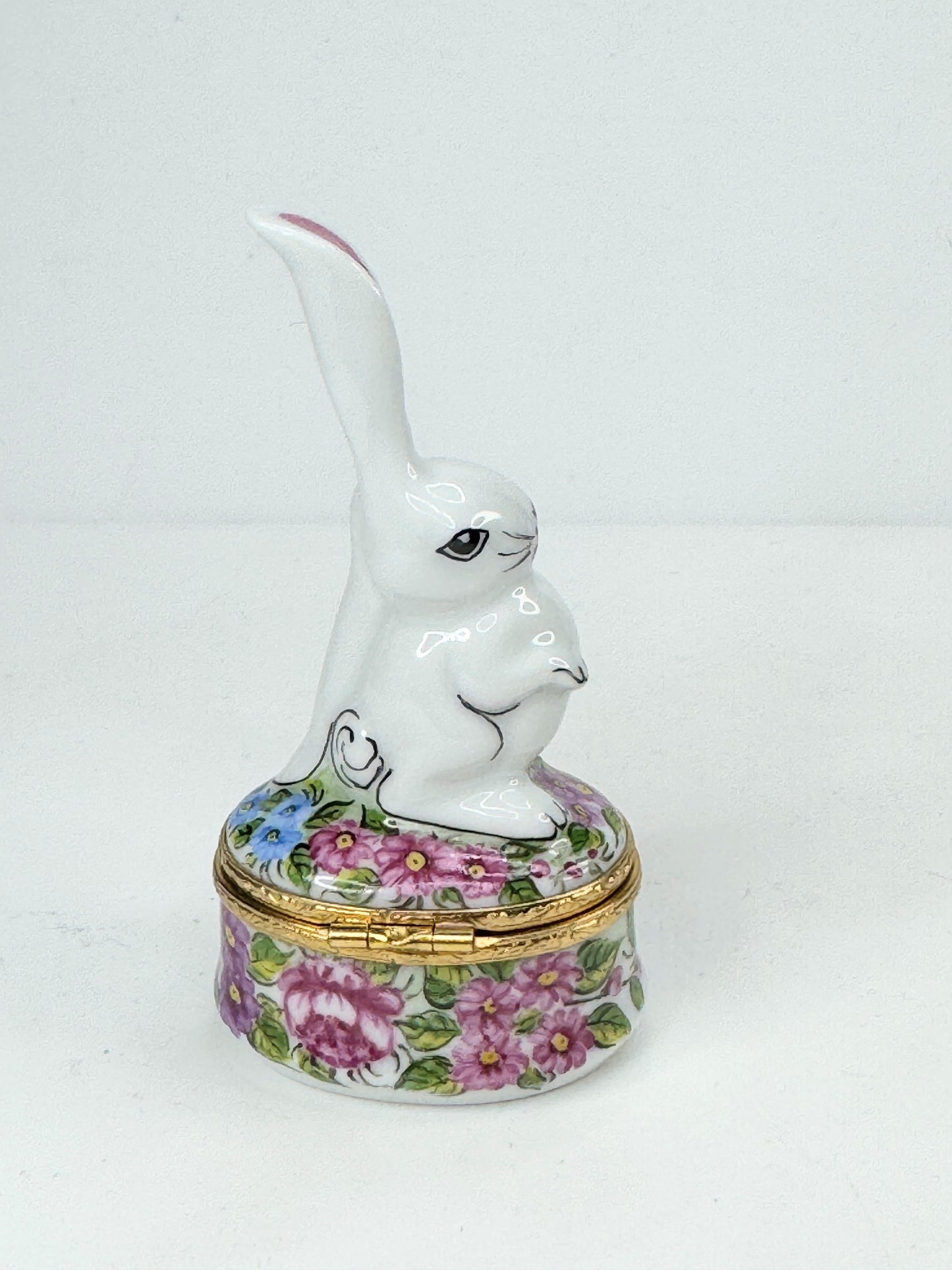 Limoges signed EK hand painted Bunny with one ear up in original box A650