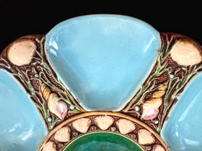 Rare Antique English Majolica Oyster Plate Turquoise Shells Milton 9 1/8" A1086