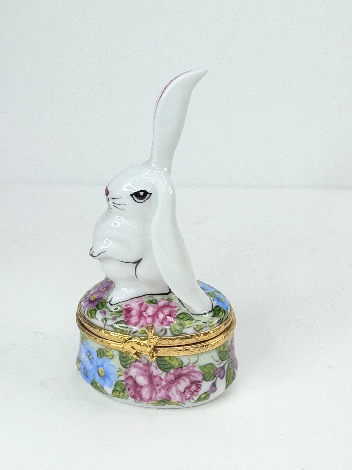 Limoges signed EK hand painted Bunny with one ear up in original box A650