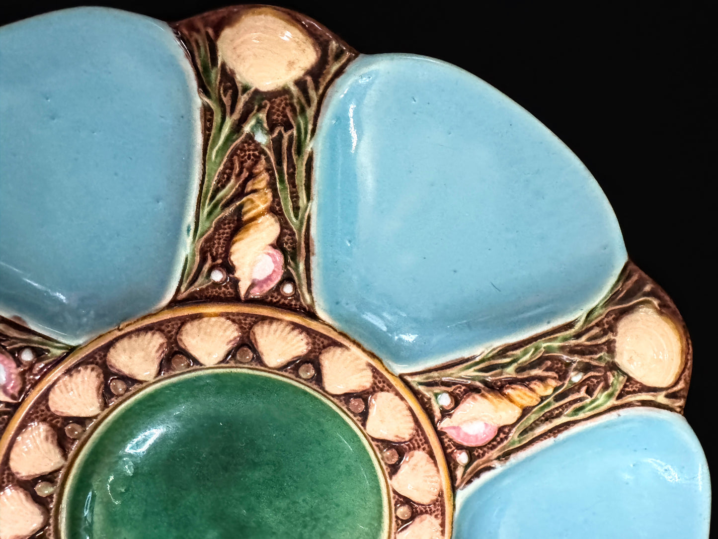 Rare Antique English Majolica Oyster Plate Turquoise Shells Milton 9 1/8" A1086