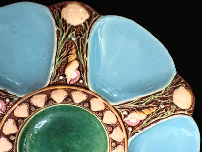 Rare Antique English Majolica Oyster Plate Turquoise Shells Milton 9 1/8" A1086