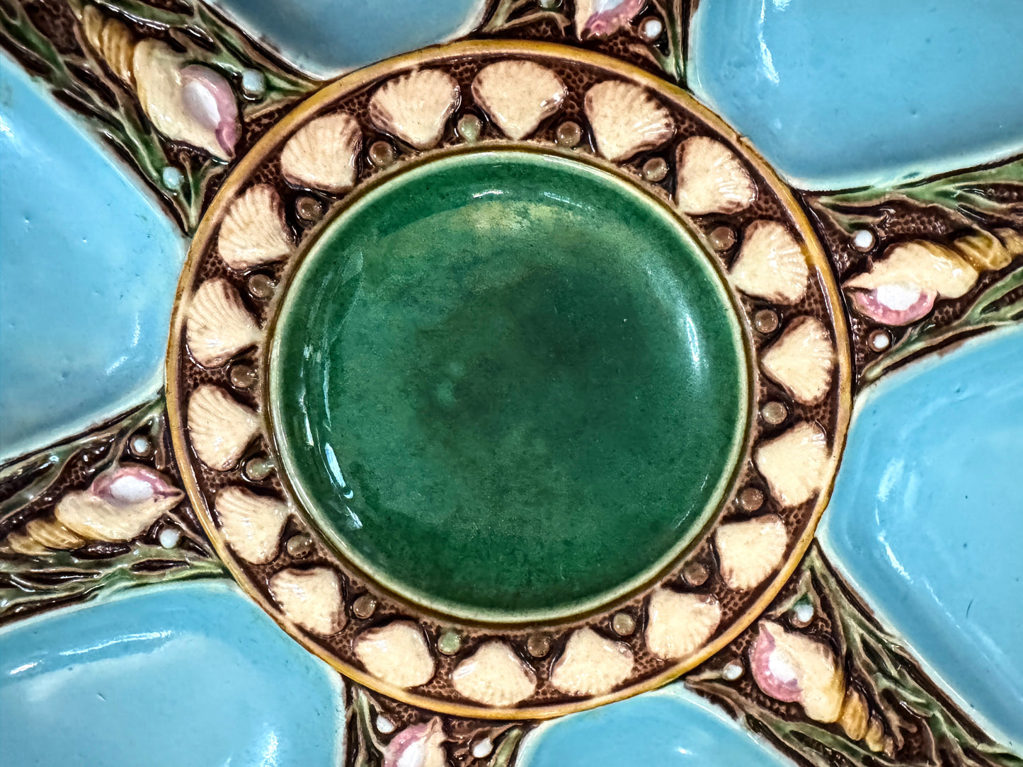 Rare Antique English Majolica Oyster Plate Turquoise Shells Milton 9 1/8" A1086