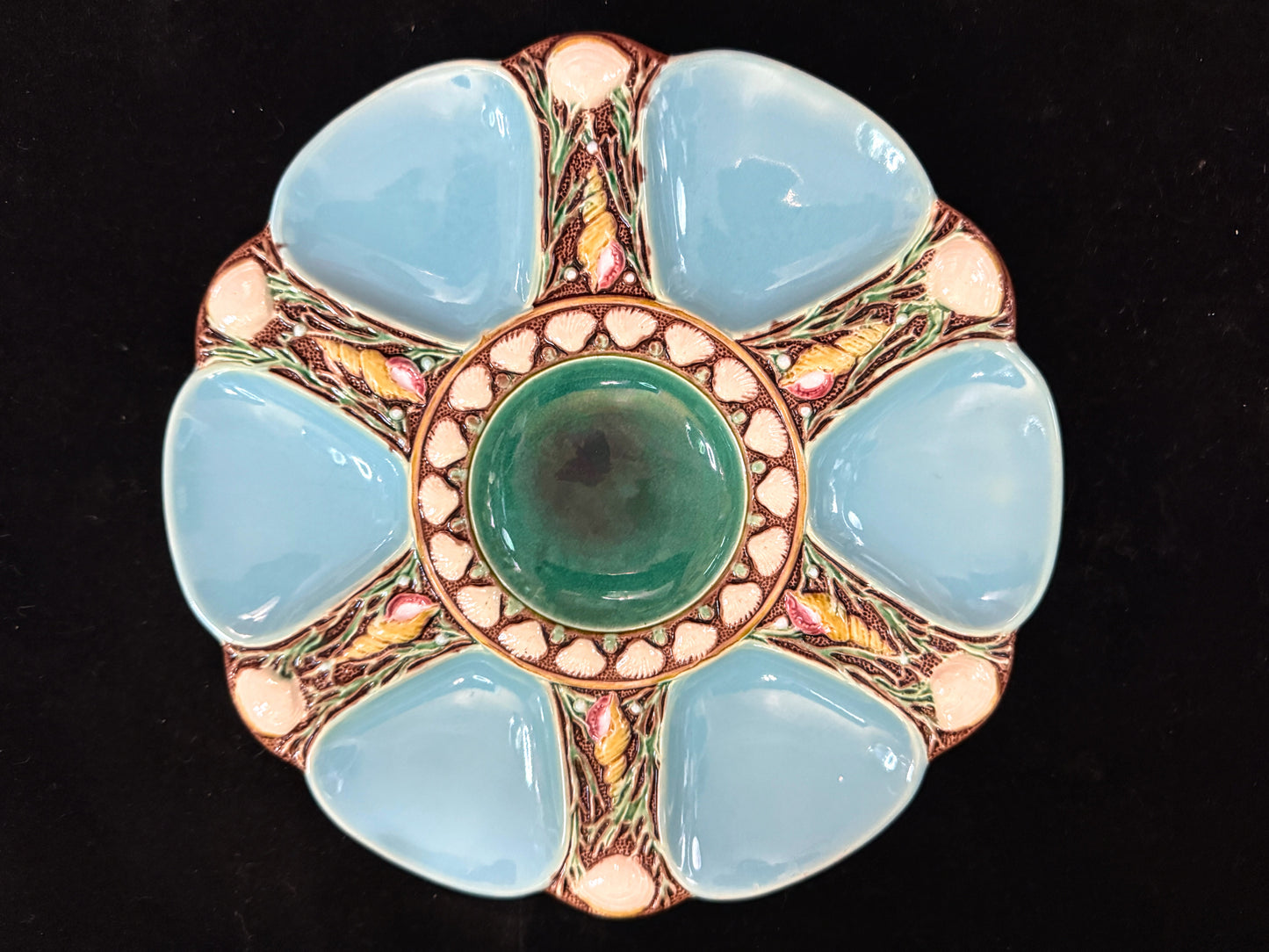 Antique Minton Majolica Turquoise Oyster Plate Shell & Seaweed 9 1/8" A1085