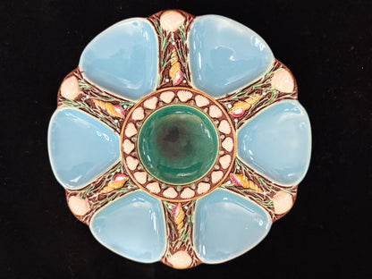 Antique Minton Majolica Turquoise Oyster Plate Shell & Seaweed 9 1/8" A1085