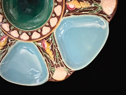 Antique Minton Majolica Turquoise Oyster Plate Shell & Seaweed 9 1/8" A1085
