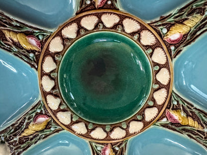 Antique Minton Majolica Turquoise Oyster Plate Shell & Seaweed 9 1/8" A1085