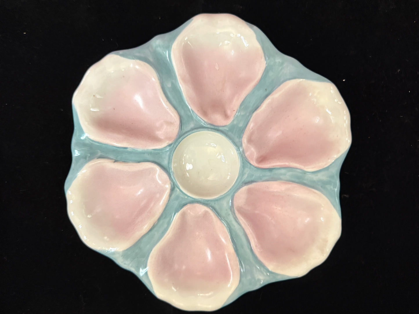 Antique French P.V. France Pink & Aqua 6-Well Majolica Oyster Plate 9.5" A1087