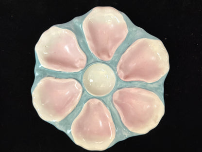 Antique French P.V. France Pink & Aqua 6-Well Majolica Oyster Plate 9.5" A1087
